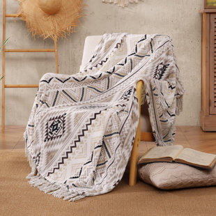 Jeté Boho - couvertures décoratives blanches avec pampille, couverture bohémienne en flanelle imprimée pour chaise, lit, canapé, canapé