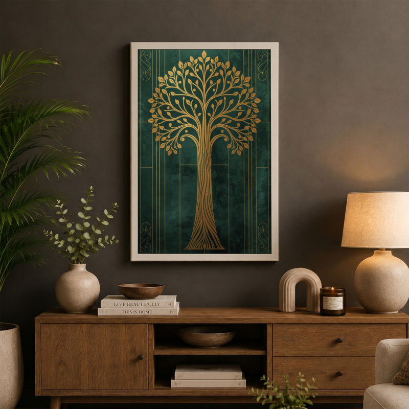 Golden Tree in Emerald Art Deco - Wrapped Canvas, 18x12 - 45.7 x 30.5 cm, Black Border