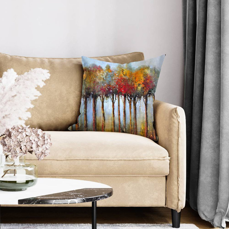 Colorful leaves trees - 20"x20" Throw pillow - Poly twill - Print on demand, Blue/Orange, Polyester