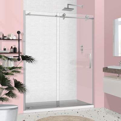 57'' - 59'' W x 75'' H Single Sliding Frameless Shower Door with Clear Glass