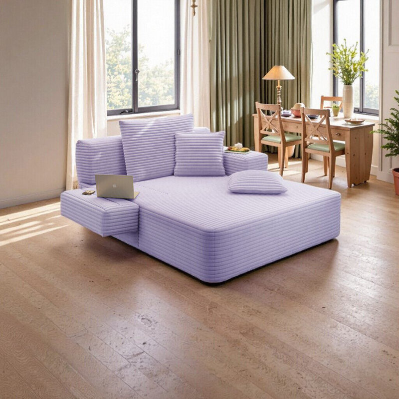 Chaise longue convertible Resta en velours côtelé duveteux avec poches de rangement et 3 coussins, Mauve