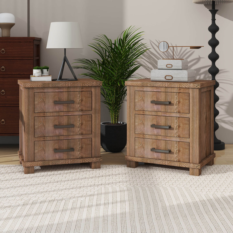 Rustic Three Drawer Reclaimed Solid Wood Farmhouse Nightstand Set Of Two
