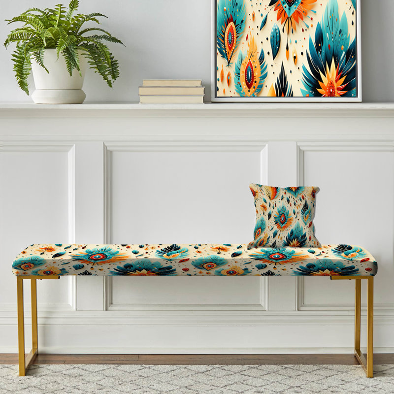 Banc rembourré Boho Gold, Yellow And Blue Eclectic Boho Feather