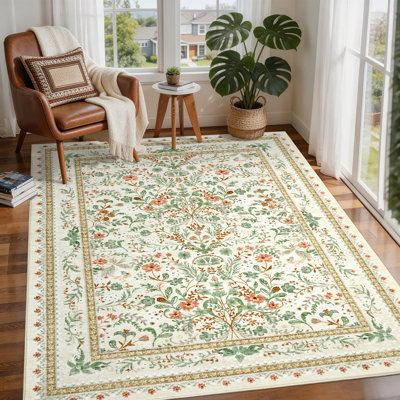 Modern Floral Washable Area Rug with Non Slip Backing