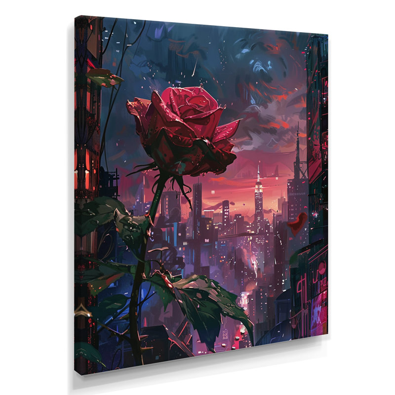 Rose rouge, coucher de soleil urbain II, art mural salon rose, Toile tendue, H 20 po x l 12 po x P 1 po