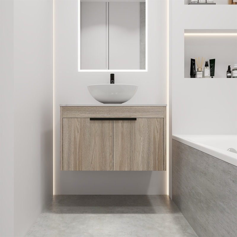 Ensemble de meuble-lavabo moderne 30 po avec lavabo en céramique et meuble-lavabo mural en chêne blanc