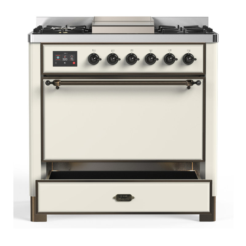 Majestic III Series 36 Inch Dual Fuel Range with 6 Sealed Burners, Griddle, in Antique White (Natural Gas, Burnished Trim)