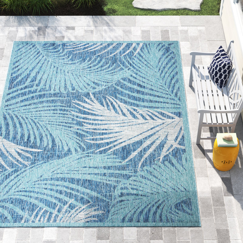 Lon Floral Machine Made Power Loom Indoor/Outdoor Area Rug in Aqua/Navy, Rectangle 9' x 12'
