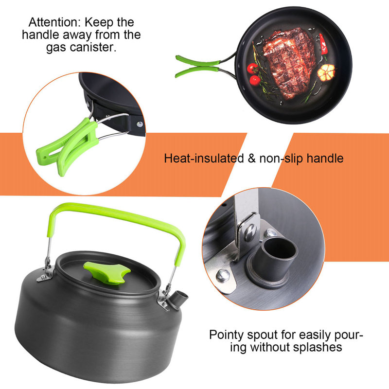 Ensemble de 16 ustensiles de cuisine de camping - Ensemble de marmite en aluminium, couteau / fourchette / cuillère pliable + 3 bols, mousqueton et 2 sacs de rangement, portable pour les aventures de randonnée / pique-nique / plein air