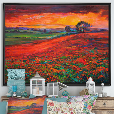 Blossoming Poppy Fields During Summer Sunset - Painting on Canvas