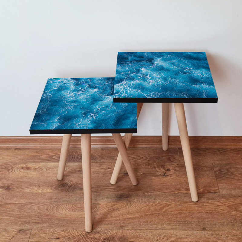 Modern Nesting Table Set (2 Pieces), Abstract Marble Design, Blue & White | 100% MDF with Beech Wood Legs | Larger Table: 13.8 x 18.5 x 13.8 in, Smaller Table: 13.8 x 16.5 x 13.8 in | Stylish & Functional for Home Decor