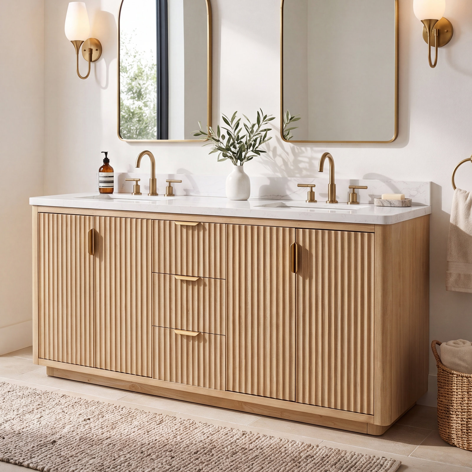 Adela 72'' Double Bathroom Vanity, White, Gold, Brown