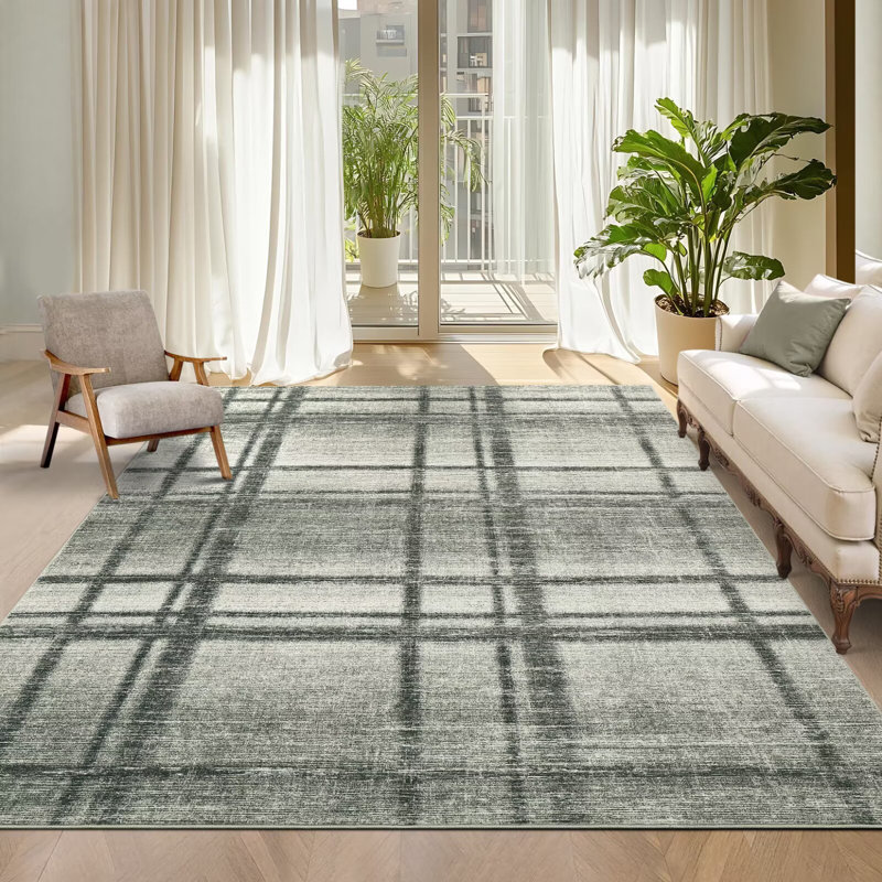 Plaid Machine Washable Modern Rugs for Living Room Soft Thin Non-Shedding Geometric Floor Cover with Non-Slip Backing Contemporary Carpets