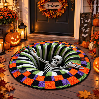 Tapis rond de 40 pouces avec effet d'optique 3D représentant un squelette d'Halloween et un envers antidérapant