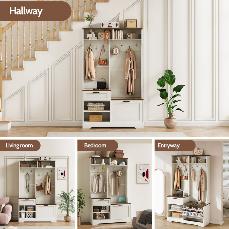 Hall Tree With Bench And Storage, Mdf Wood, Embossed White Walnut Wood Grain, 2-Color Combo, For Entryway, Bedroom, Garage