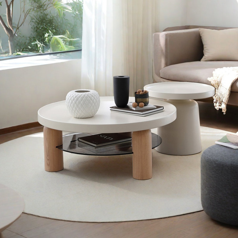 Table basse de style crème avec pieds en bois de frêne, Blanc / bois noueux, Blanc / Blanc