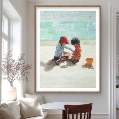 Little Girls at the Beach - Beige Bathroom Framed Print
