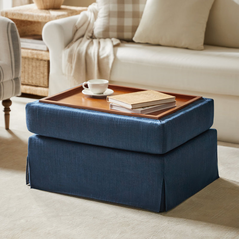 Repose-pieds rembourré avec rangement et plateau rabattable Lessman Farmhouse, Mélange de polyester bleu marine