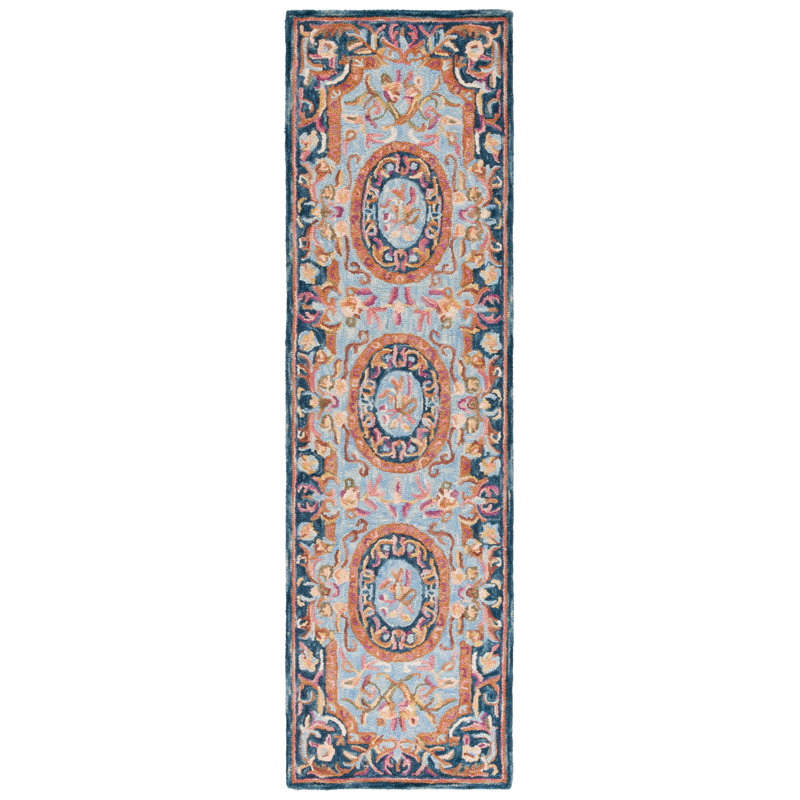 Savonnerie Hand Tufted Wool/Cotton Oriental Rug in Yellow/Orange/Blue, Runner 2'3" x 8"