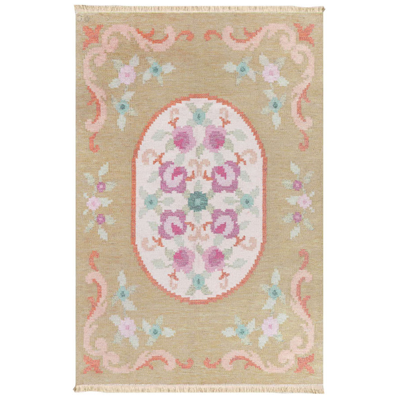 Tan & Pink Floral Oval Medallion Area Rug, Beige