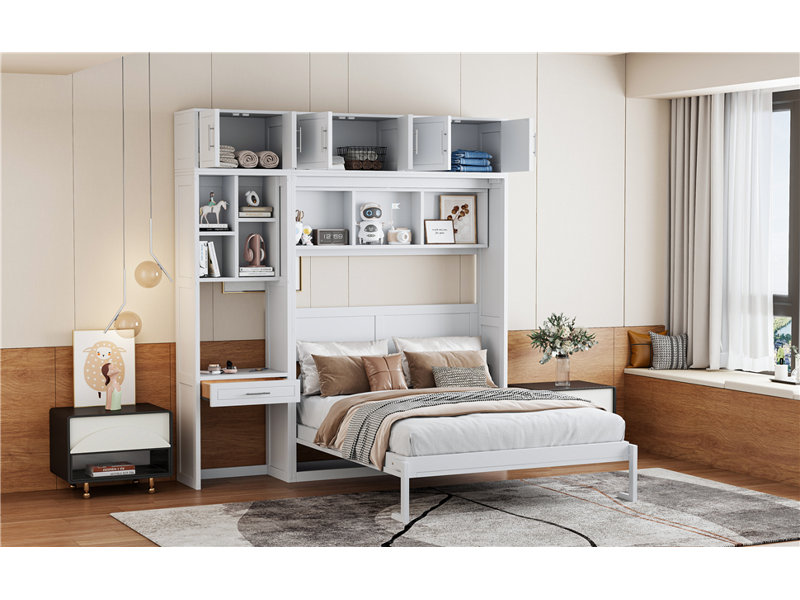 Grand lit escamotable mural avec bureau, armoire supérieure et tablettes de rangement, lit pliant peu encombrant, blanc