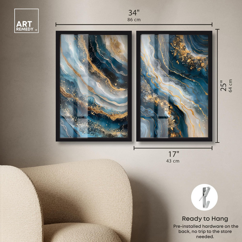 Navy Glist Diptych Shadowbox Print Sage Gold Wall Art Set by Art Remedy, Black Frame, 10 x 15, H 25 po x l 17 po, Black Frame