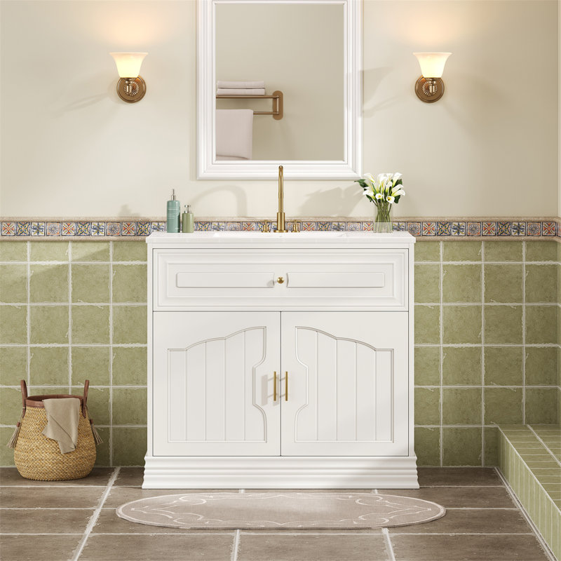 36" Single Vanity With Ceramic Sink, Soft-Close Cabinet With An Adjsuatable Shelf And Racks, White/Gold