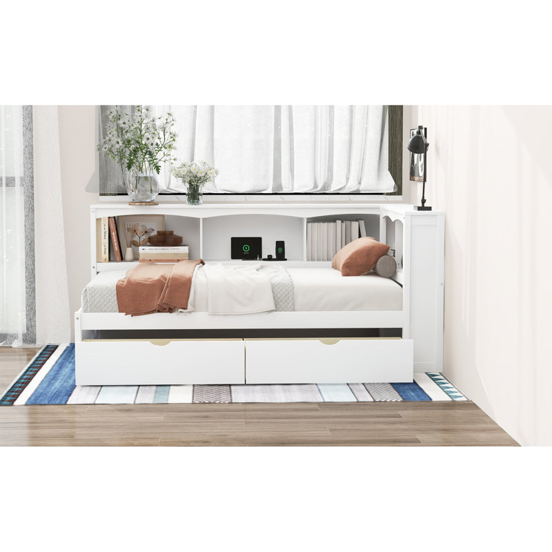 Lit de jour simple blanc avec rangement et ports - Structure de tiroirs intégrés pour une organisation supplémentaire., Blanc