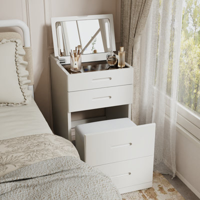 Bureau de coiffeuse en bois massif 3 en 1 avec miroir rabattable, fauteuil caché, éclairage à DEL réglable et prise de courant, aucune installation requise
