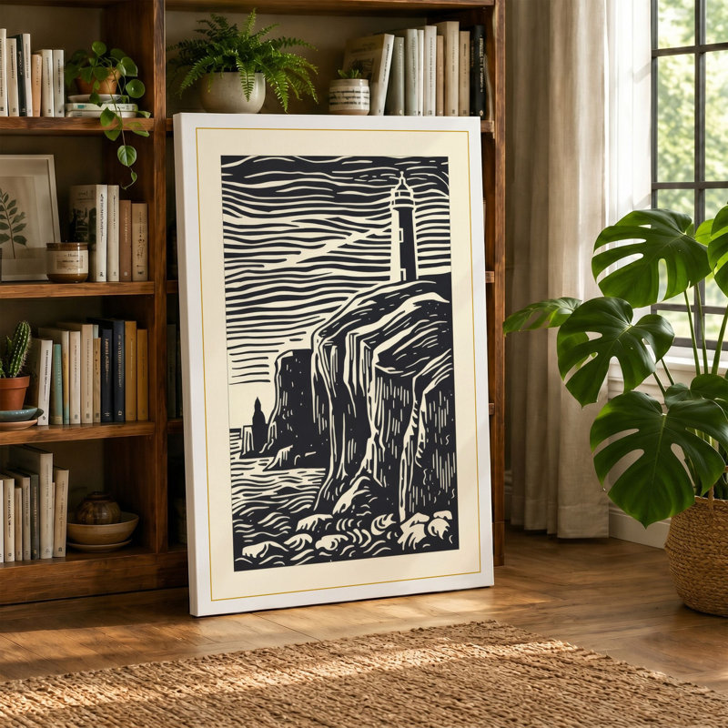 Lighthouse on Stone Coastal - Wrapped Canvas, 30x20 - 76.2 x 50.8 cm, Teal Border