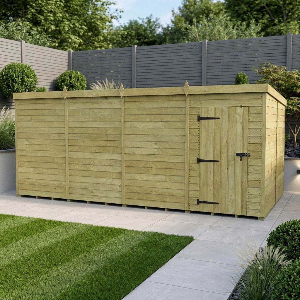 Total Sheds 16ft x 8ft Pent Garden Shed - Single Door - No Windows - Pressure Treated Timber - UK Manufactured