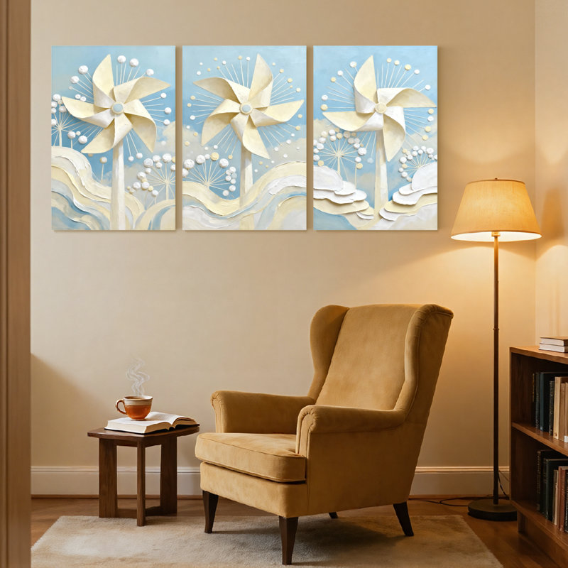 Abstrait, ciel, nuages, pissenlit, vagues, bleu clair, blanc, ensemble de 3 impressions sur toile, H 18 po x l 36 po