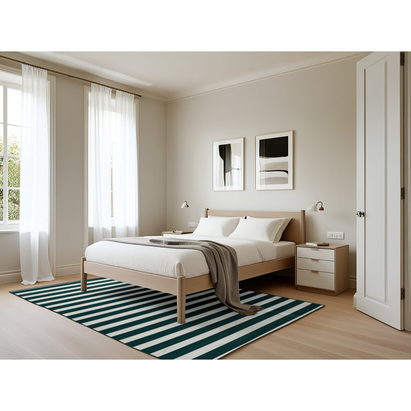 Tapis vert à rayures horizontales lavable à la machine, Rectangle 5 pi x 7 pi