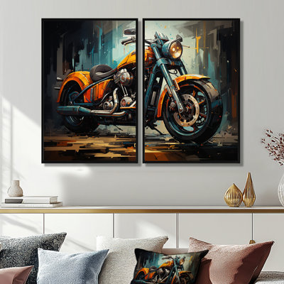Motocyclette cruiser classique jaune et noir - art mural 2 pièces