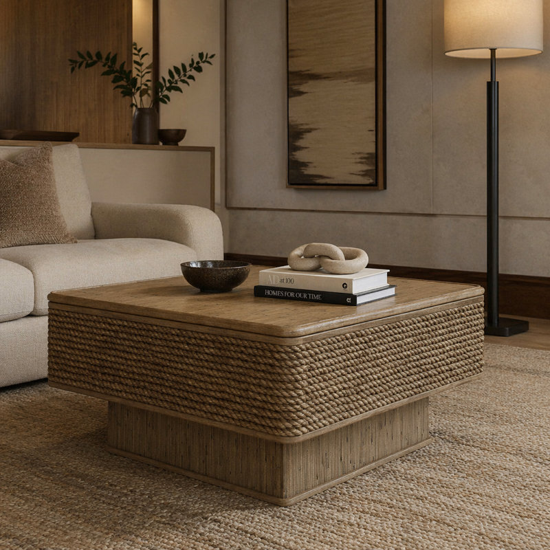 Table basse carrée en rotin et corde de chanvre avec rangement réglable