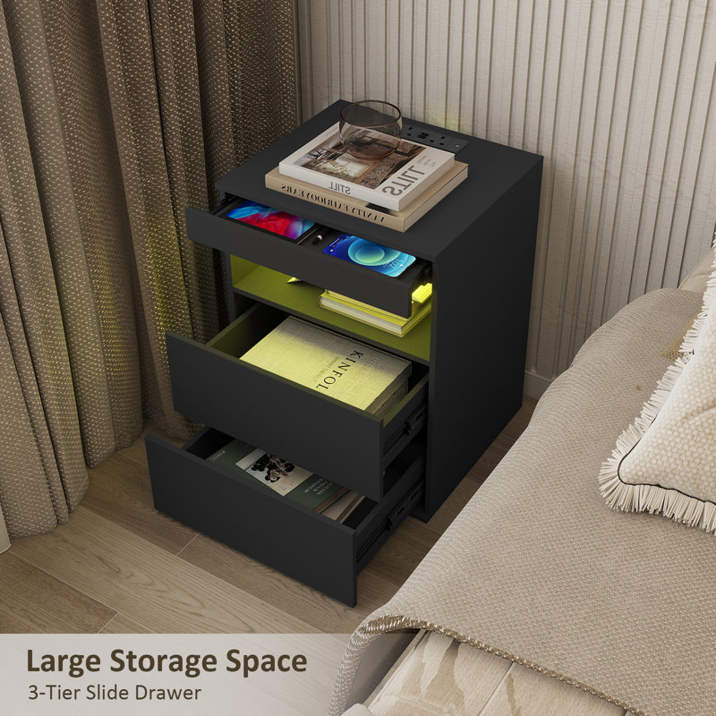 45cm W Solid + Manufactured Wood Bedside Table, Black