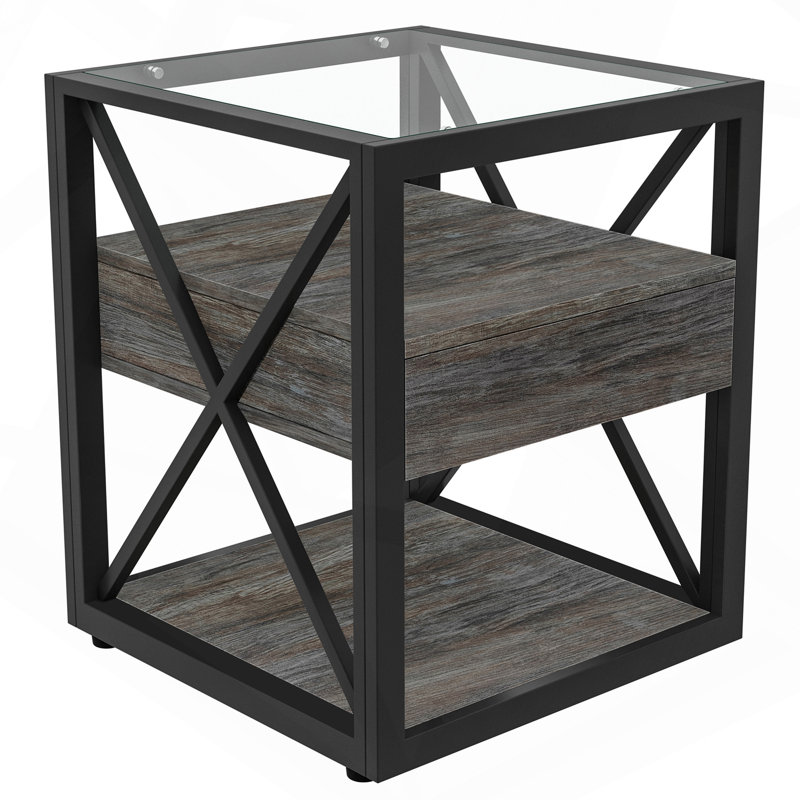 Set Of 2 Modern End Table With Drawer - Nightstand For Bedroom & Living Room,  MDF  & Tempered Glass Top, Industrial Style Side Table