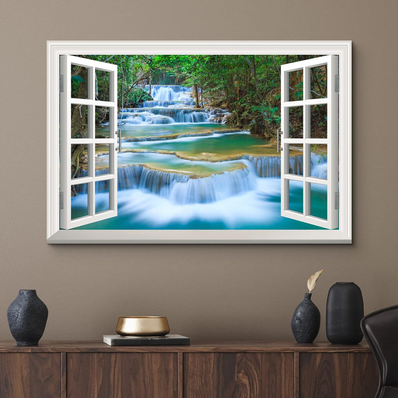 Fenêtre, paysage, cascade de rivière, chute d'eau dans la forêt - impression sur toile tendue, H 12 po x l 18 po