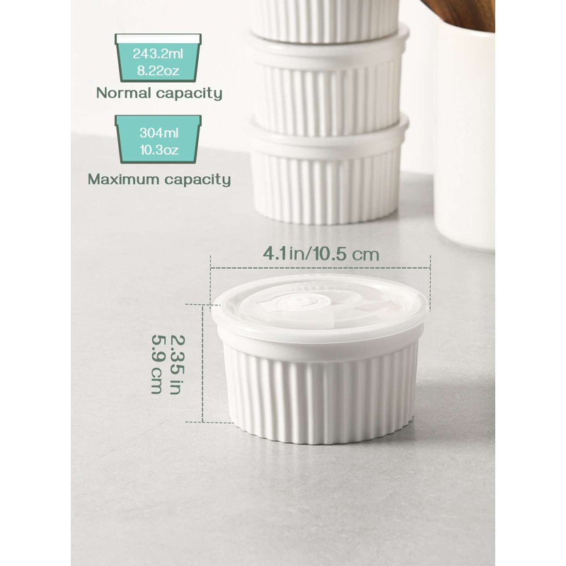 Ensemble de ramequins blancs 10 oz avec couvercles DOWAN, 6 pièces