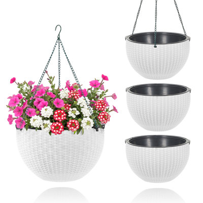 Panier à fleurs suspendu 13,8 pouces - résine aspect rotin, pot intérieur profond, bouchon de drainage, support à trois chaînes - ensemble de 4, idéal pour la décoration de jardin intérieur et extérieur, pots à fleurs