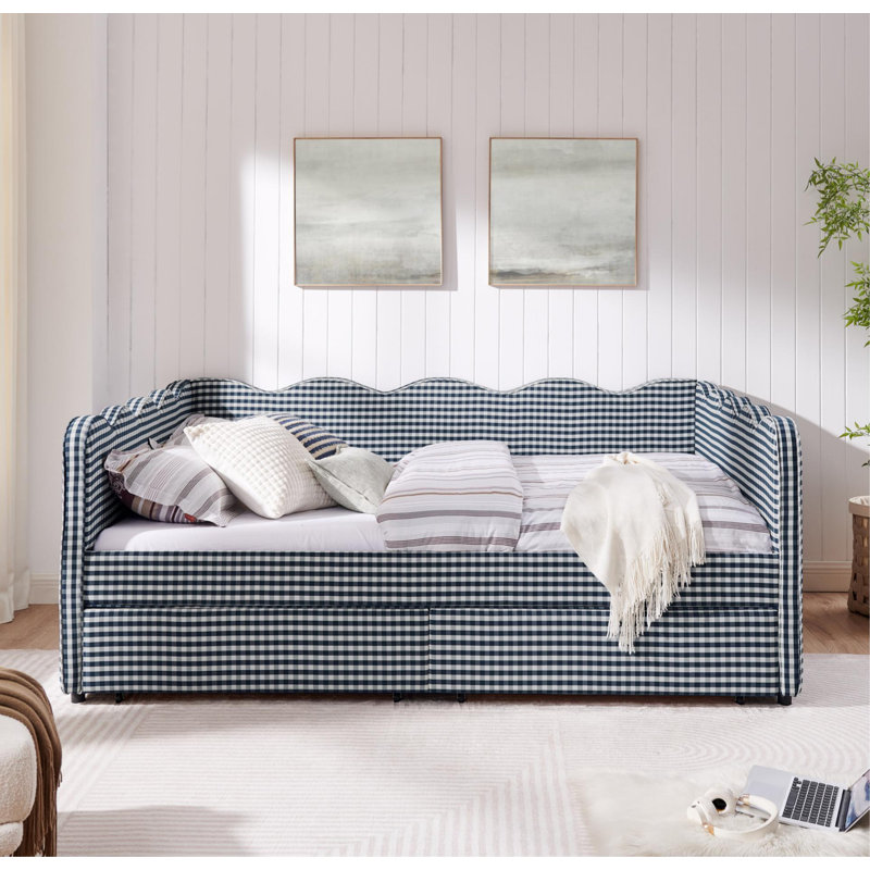Grand lit de jour confortable en vichy avec deux tiroirs de rangement, avec port USB et adorable tissu en forme de vague
