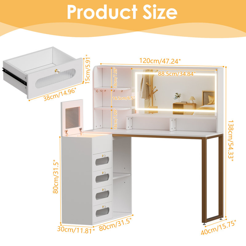 Vanity Desk With Mirror And Lights, Corner Makeup Vanity L Shaped Dressing Table