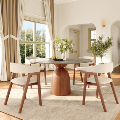 5/7 Pcs Mid-Century Sintered Stone Round Dining Table Sets With Comfort Leather Upholstered Kitchen Chairs For 4/6