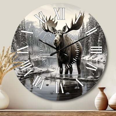 Brown White Moose Winter Majesty - Animals White Face Wall Clock