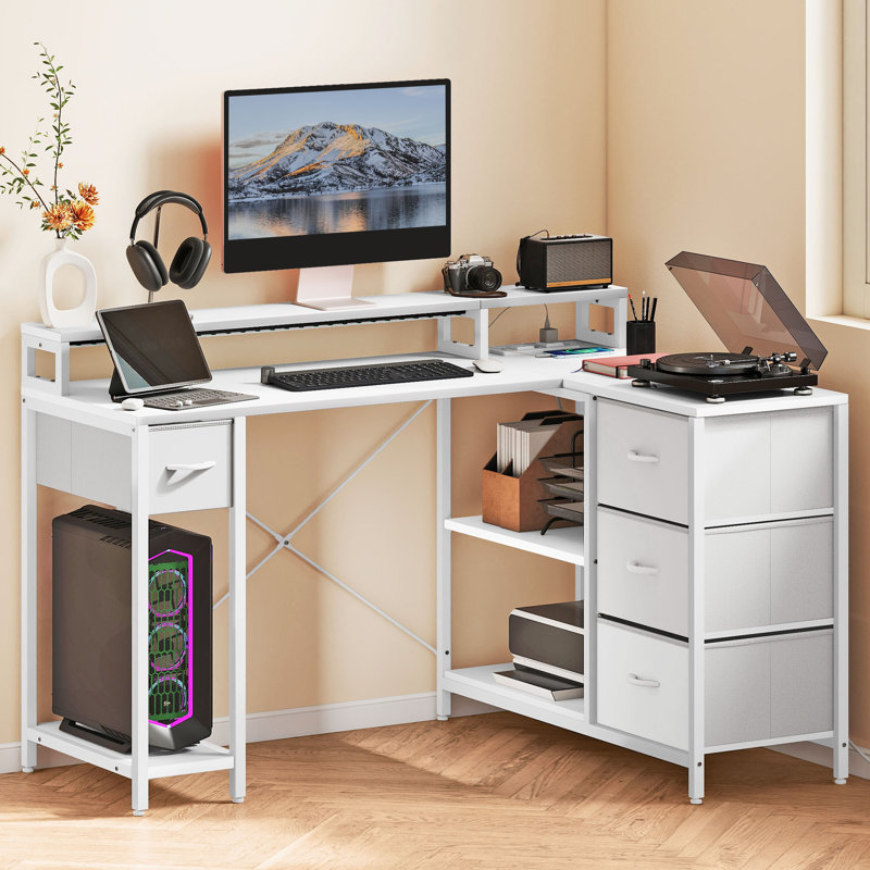 L-Shaped Computer Desk With 4 Drawers, Gaming Desk With Power Outlet And Monitor Stand, Corner Desk, White/White
