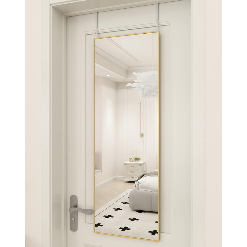 16" X 50" Adjustable Height Over The Door Full Length Mirror, Hanging Mirror With Shatterproof Tempered Glass And Aluminum Alloy Frame For Bedroom, Bathroom, Dorm, Or Living Room, Gold