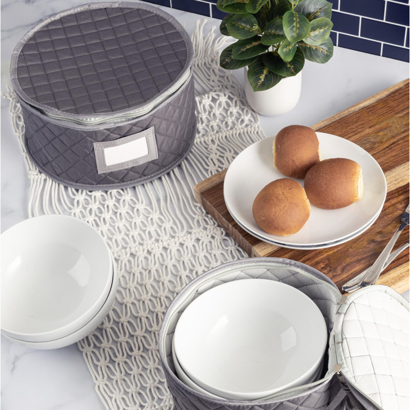 Fine China Storage - Set Of 4 Quilted Cases For Dinnerware Storage. Sizes: 12" - 10" - 8" And 7" Wide - Grey - 48 Felt Plate Separators Included