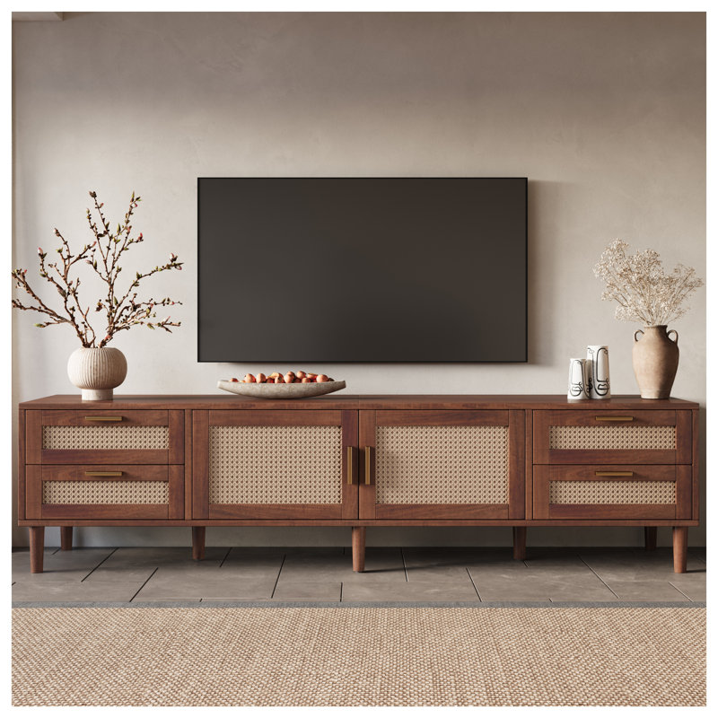 Meuble télé 78 pouces brun foncé pour téléviseur de 85 po ou moins, console en bois massif et panneau de fibres à densité moyenne avec portes en rotin