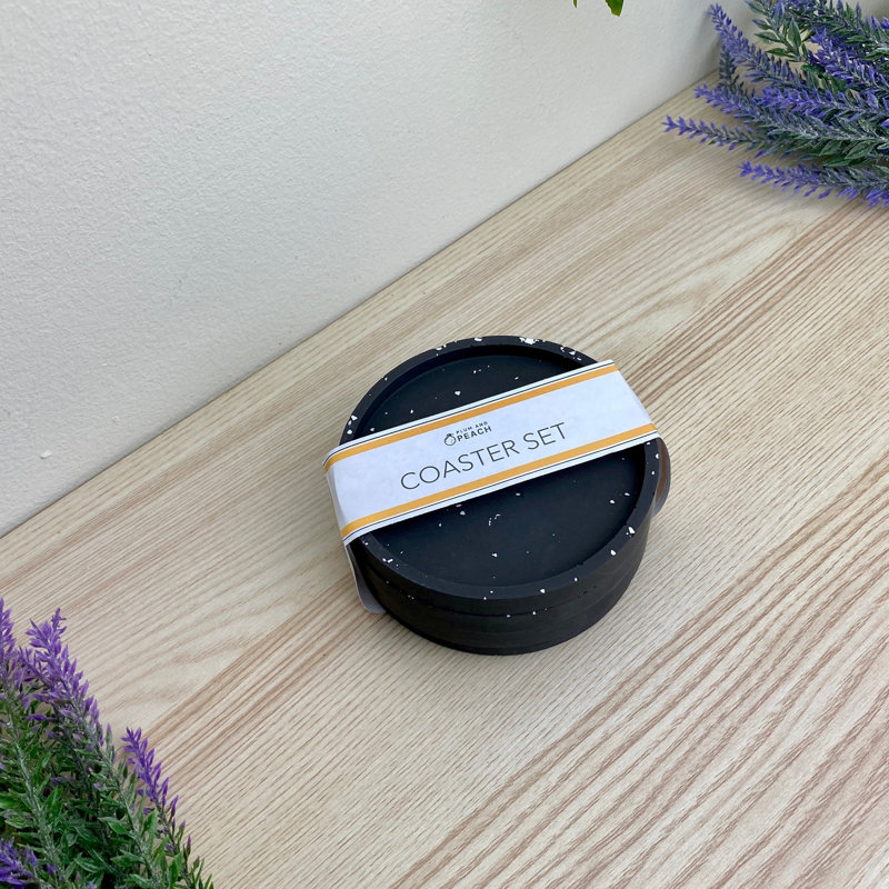 Stoneware Round 4 Piece Coaster Set, Black Terazzo