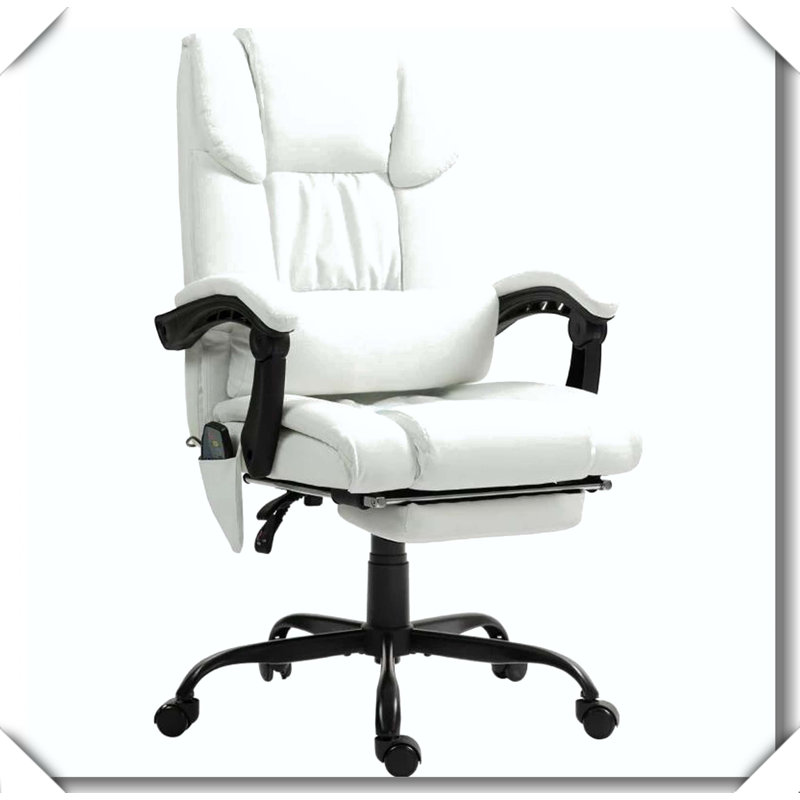 Massage Office Chair 6 Vibrating Points High Back Reclining Footrest Remote Adjustable Height, White
